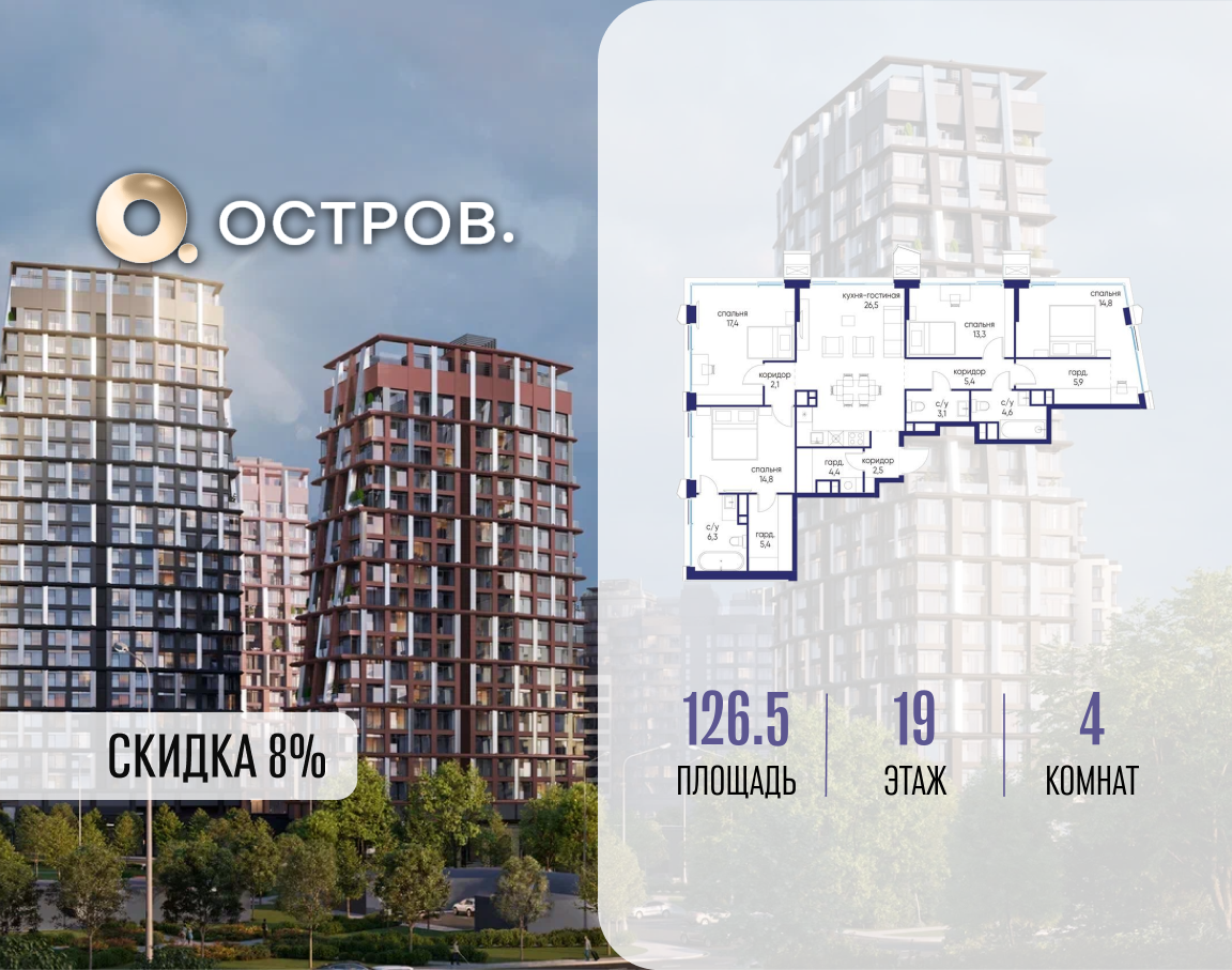 4-комнатная 126 м2 в ЖК Остров корпус null этаж 19