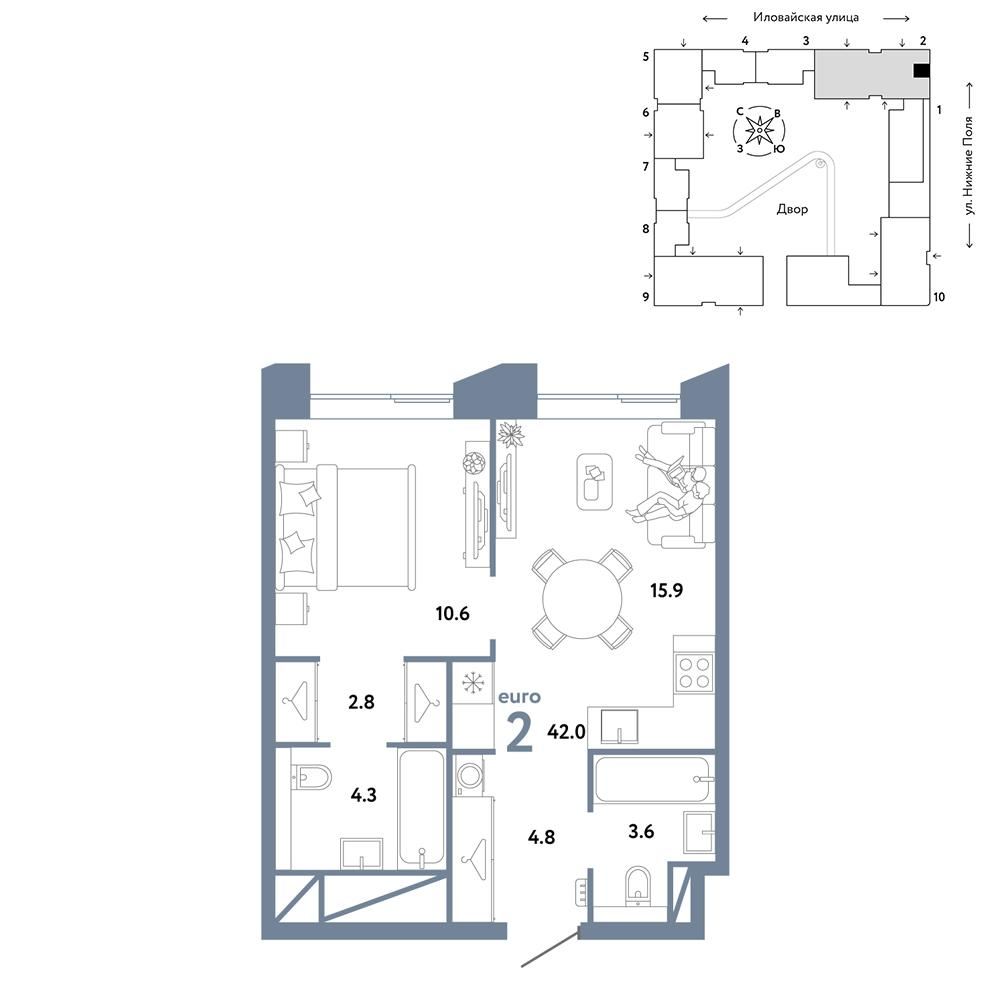 2-комнатная 42 м2 в ЖК Страна.Заречная корпус null этаж 27