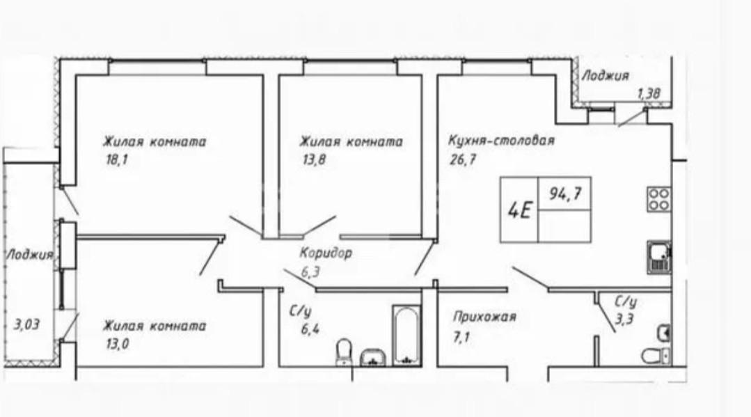 4-комнатная 94 м2 в ЖК undefined корпус null этаж 1