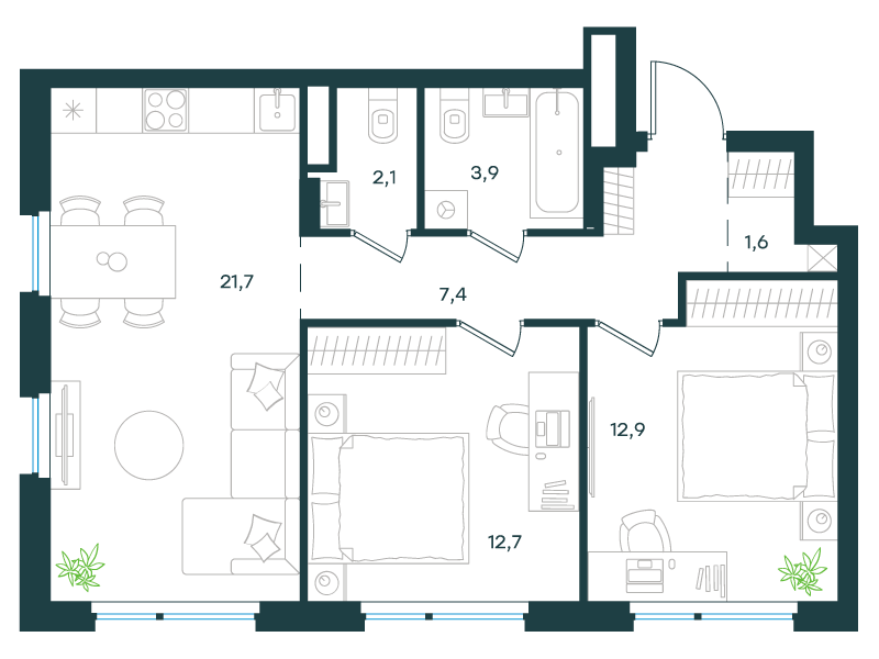 2-комнатная 62 м2 в ЖК Левел Лесной корпус null этаж 14