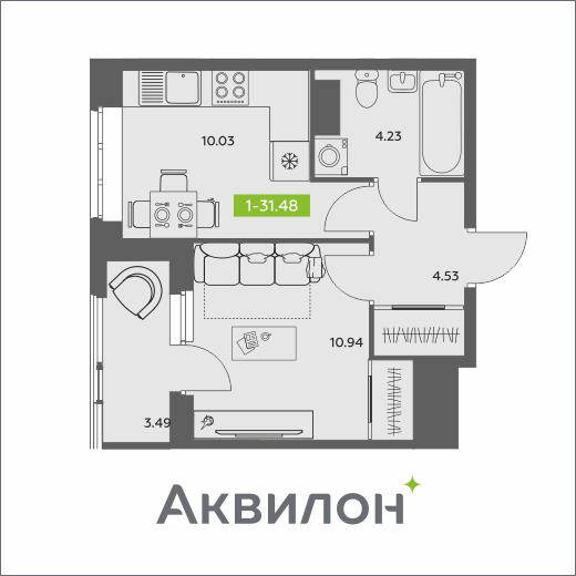 1-комнатная 31 м2 в ЖК Аквилон АКВАРТАЛ корпус null этаж 10