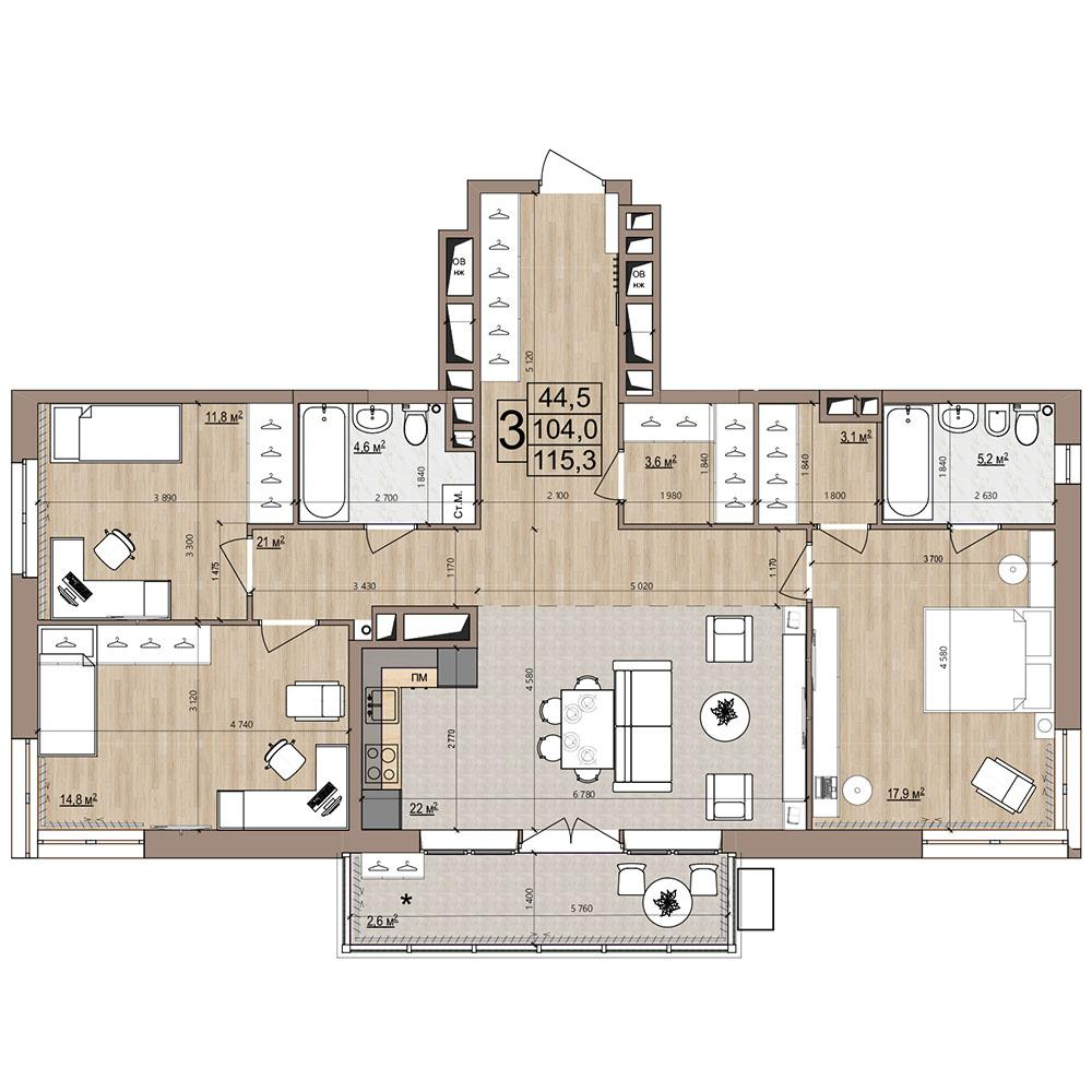 3-комнатная 112 м2 в ЖК Гранд Комфорт-2 корпус null этаж 5