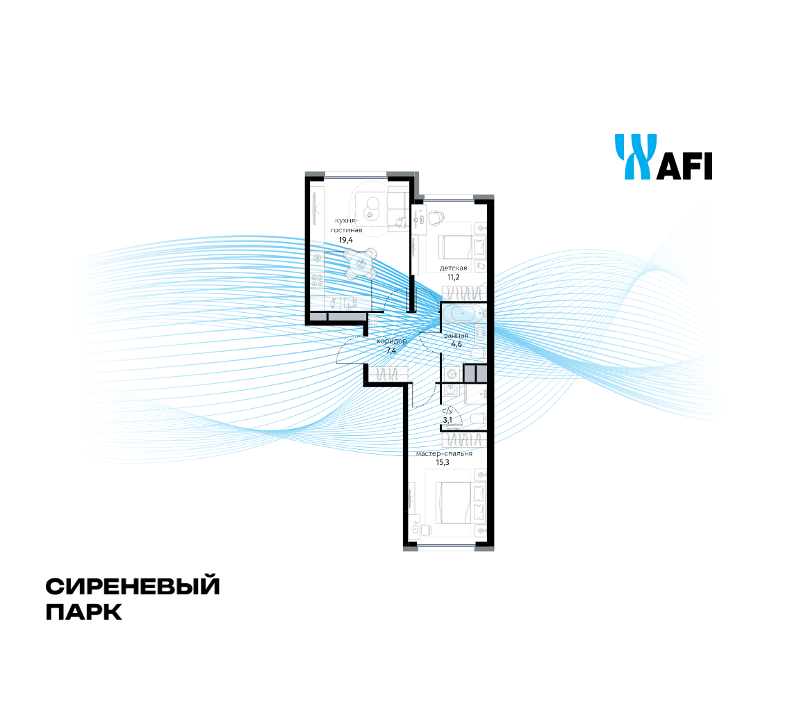 3-комнатная 61 м2 в ЖК Сиреневый парк корпус null этаж 6