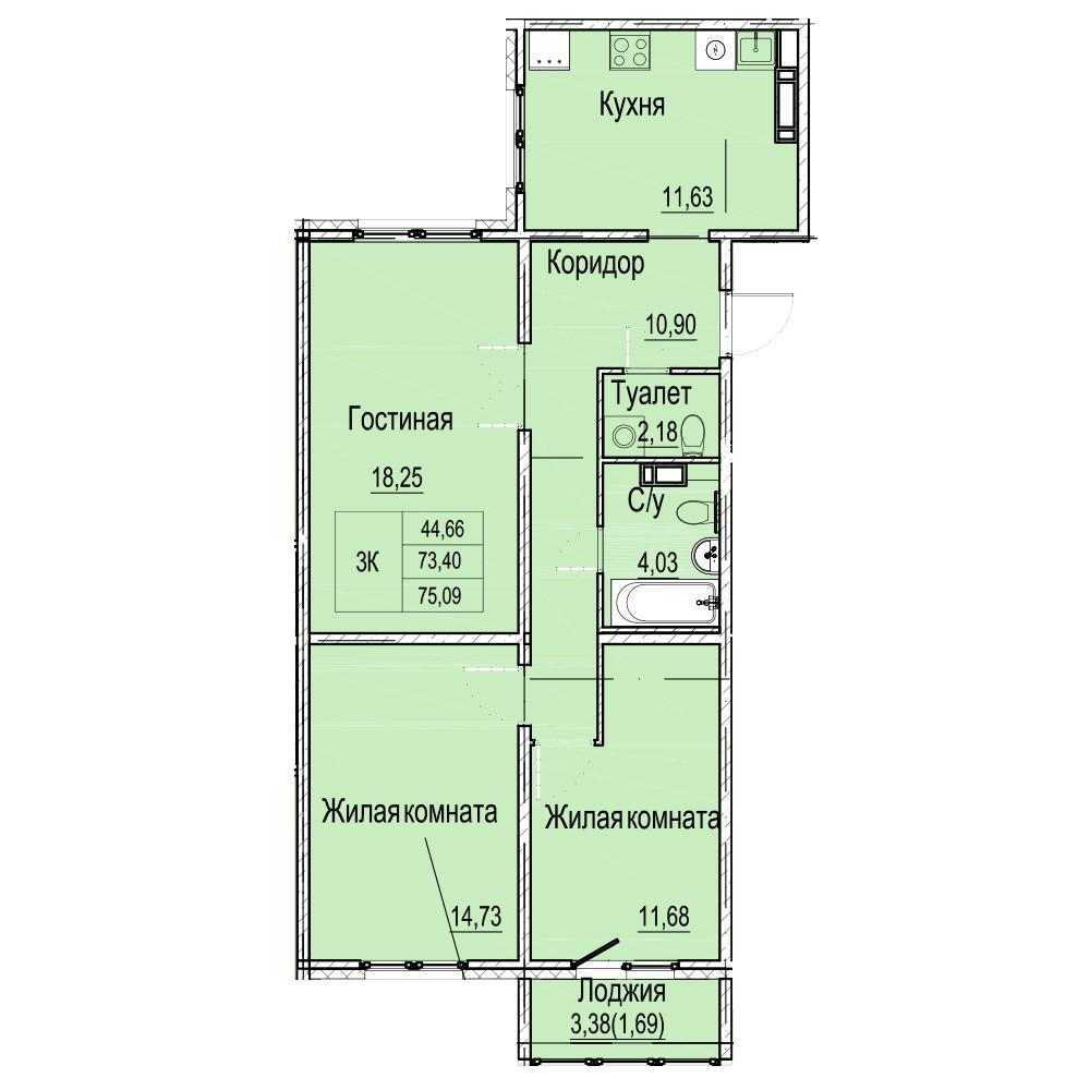 3-комнатная 75.1 м2 в ЖК undefined корпус null этаж 9