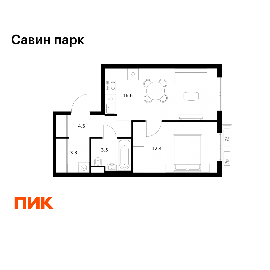 1-комнатная 40 м2 в ЖК Савин парк корпус null этаж 14