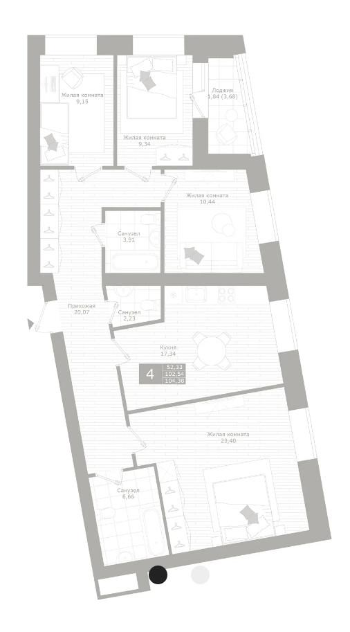 4-комнатная 99.7 м2 в ЖК undefined корпус null этаж 9