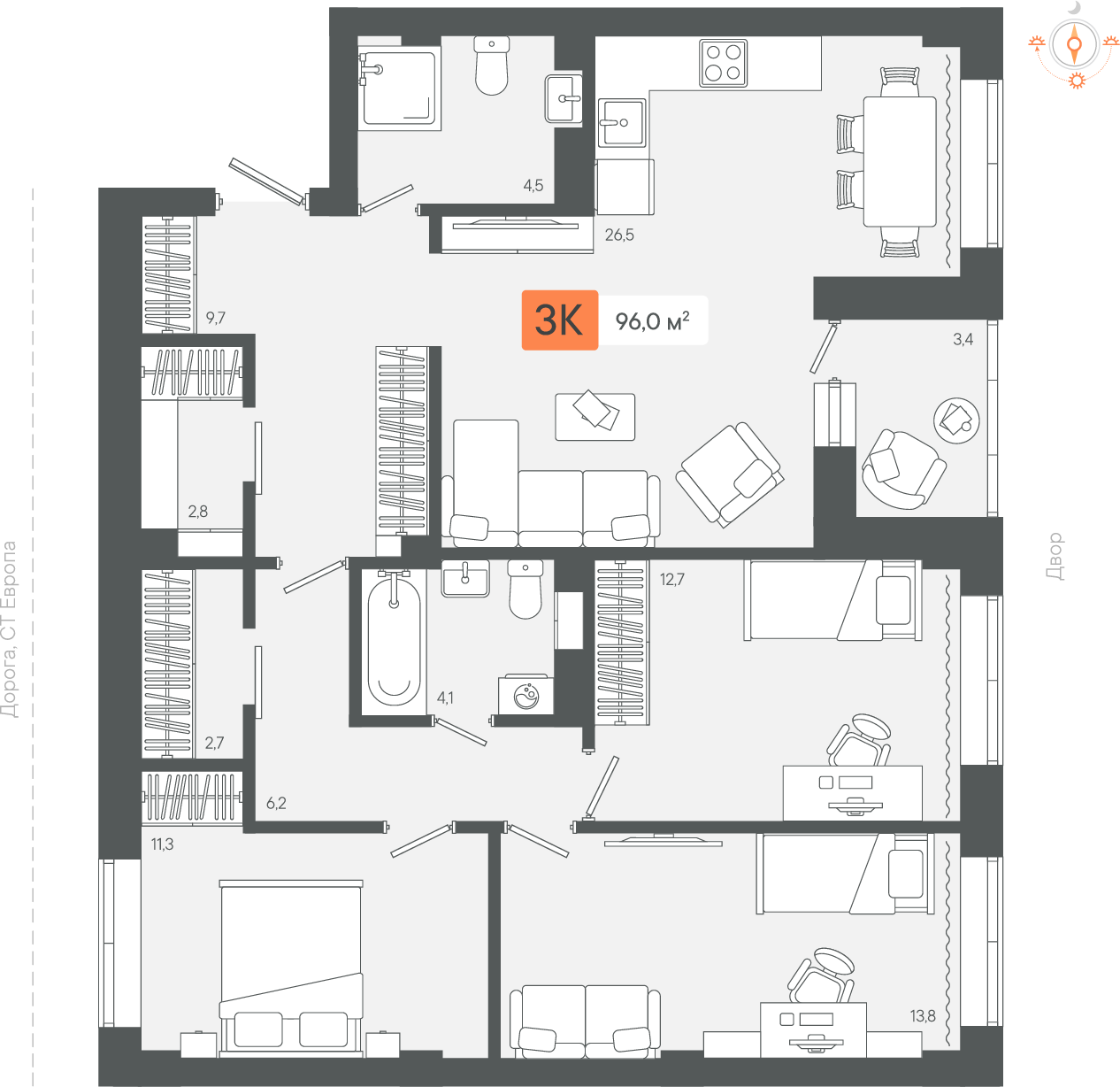 3-комнатная 95 м2 в ЖК Zori корпус null этаж 6