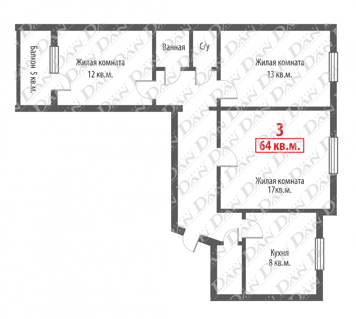 3-комнатная 64.8 м2 в ЖК undefined корпус null этаж 1
