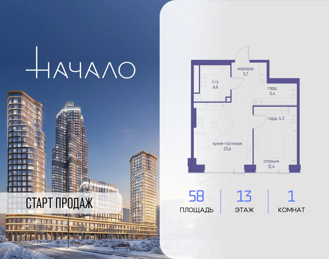 1-комнатная 58 м2 в ЖК Начало корпус null этаж 13