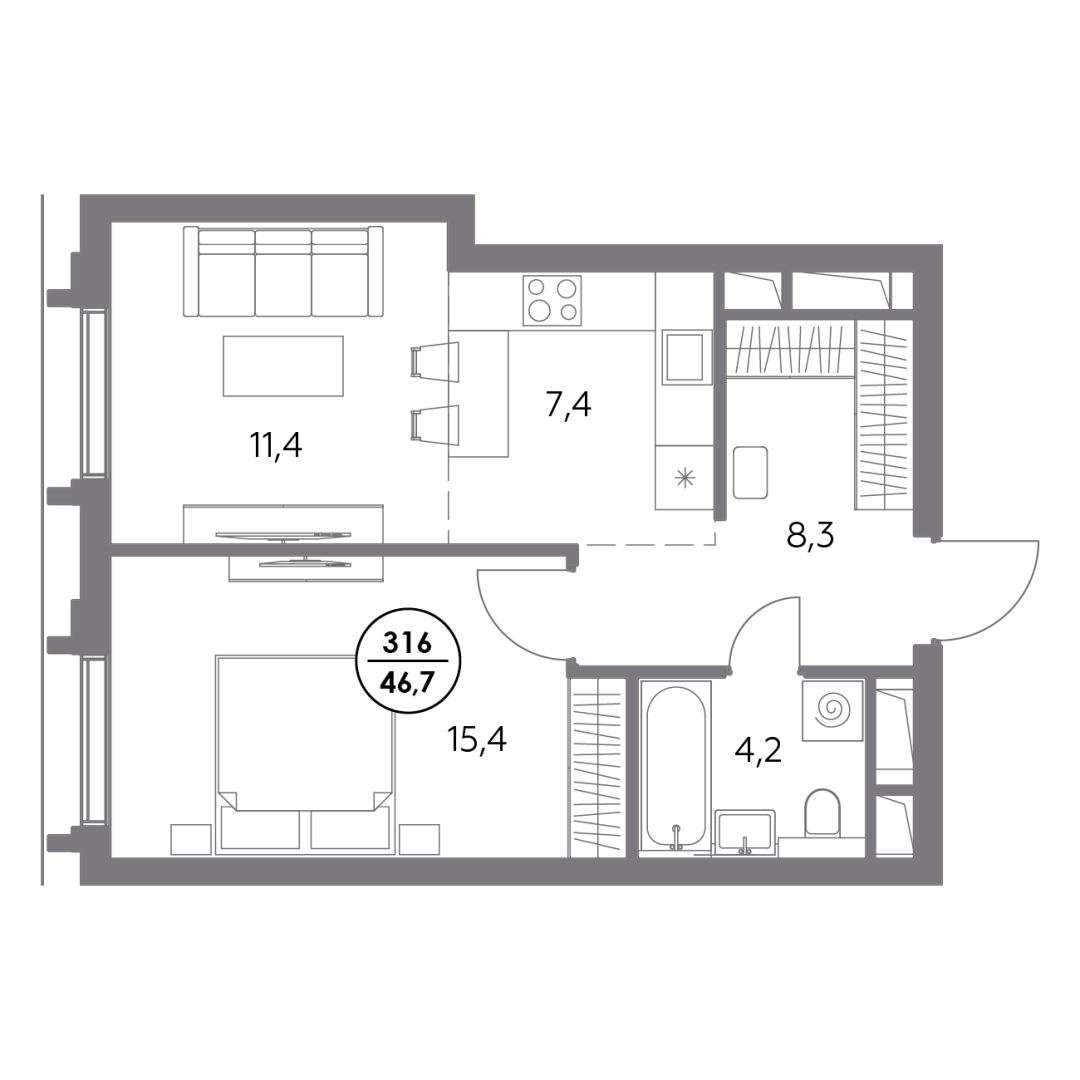 1-комнатная 46.7 м2 в ЖК undefined корпус null этаж 21