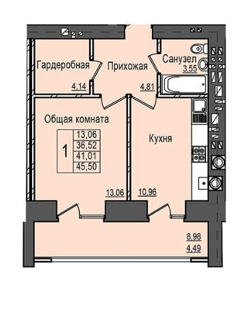 1-комнатная 45.5 м2 в ЖК undefined корпус null этаж 7
