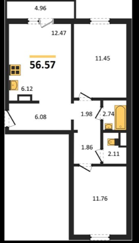 1-комнатная 56 м2 в ЖК undefined корпус null этаж 7