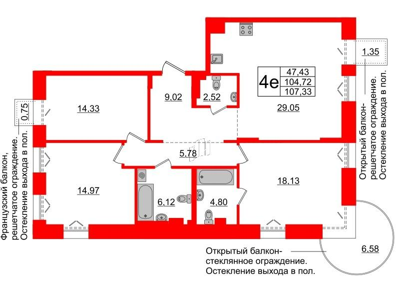 3-комнатная 106 м2 в ЖК Империал Клаб корпус null этаж 6