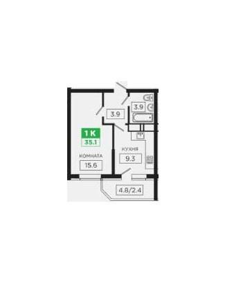 1-комнатная 35 м2 в ЖК undefined корпус null этаж 9