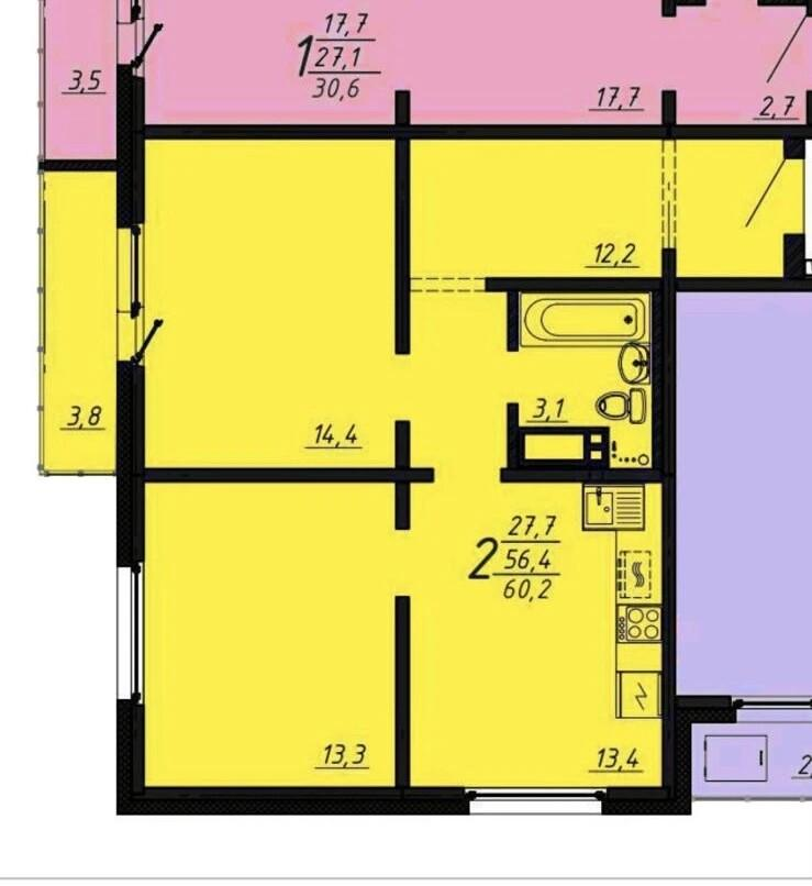2-комнатная 60.2 м2 в ЖК undefined корпус null этаж 14