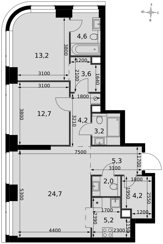 3-комнатная 82 м2 в ЖК Амбер Сити корпус null этаж 9