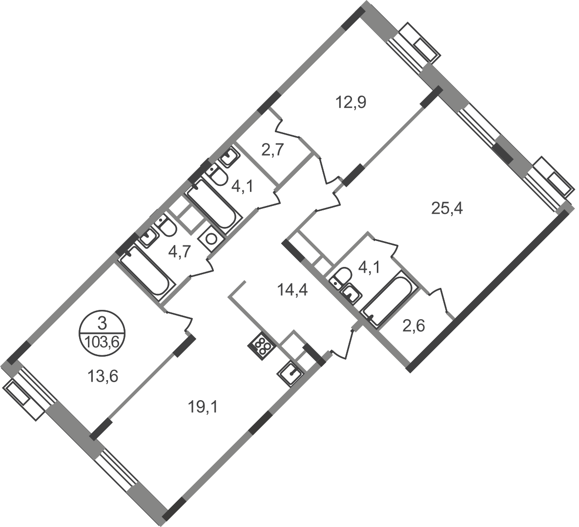 3-комнатная 103 м2 в ЖК Резиденции Сколково корпус null этаж 7