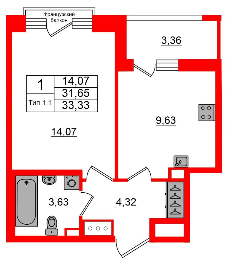 1-комнатная 31 м2 в ЖК Setl Ривьера корпус null этаж 3