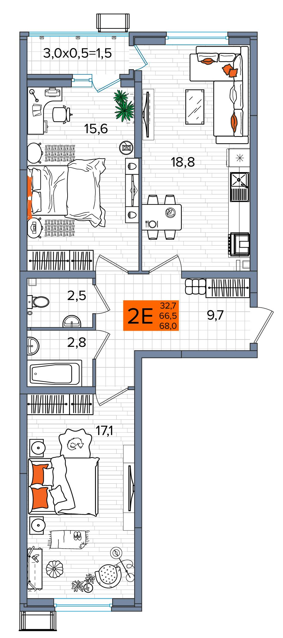 2-комнатная 68 м2 в ЖК Сармат корпус null этаж 2