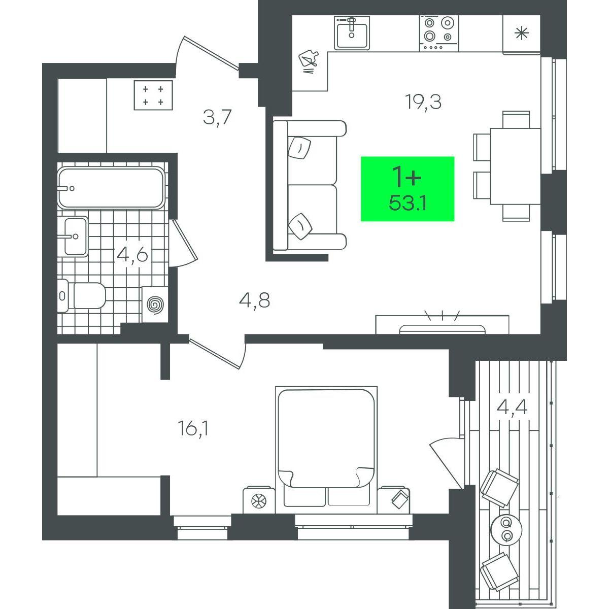 1-комнатная 53 м2 в ЖК Гранд Квартал корпус null этаж 7