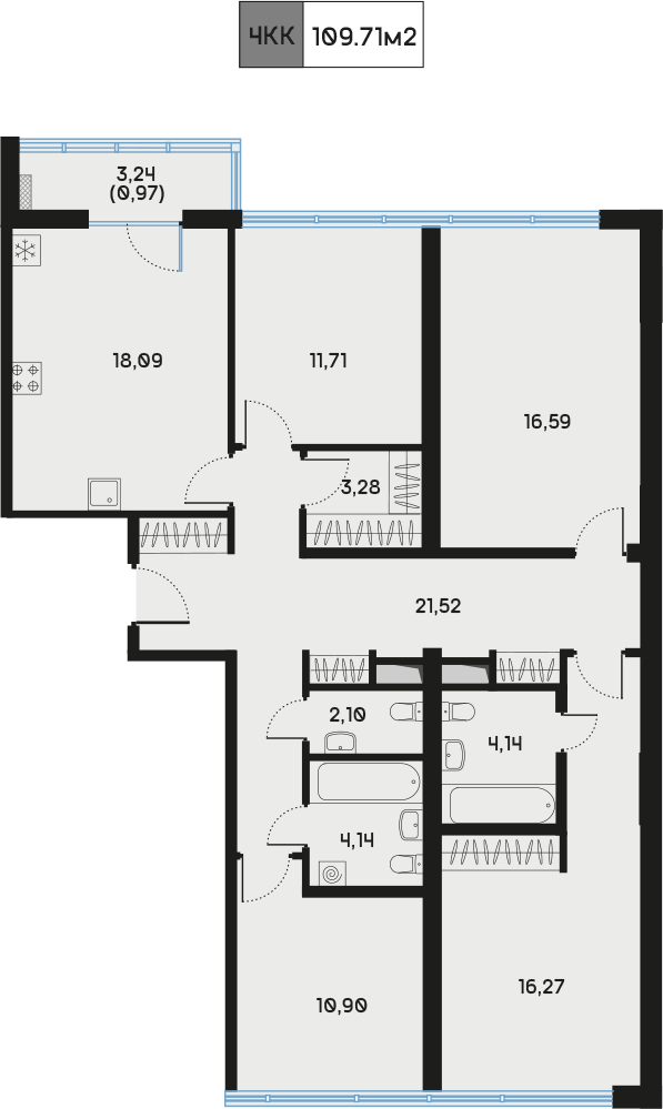 4-комнатная 110 м2 в ЖК Регенбоген корпус null этаж 8