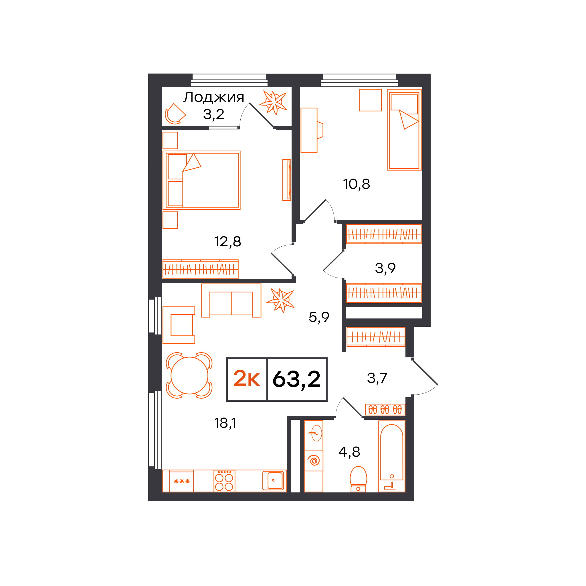 2-комнатная 63 м2 в ЖК Отличие корпус null этаж 11