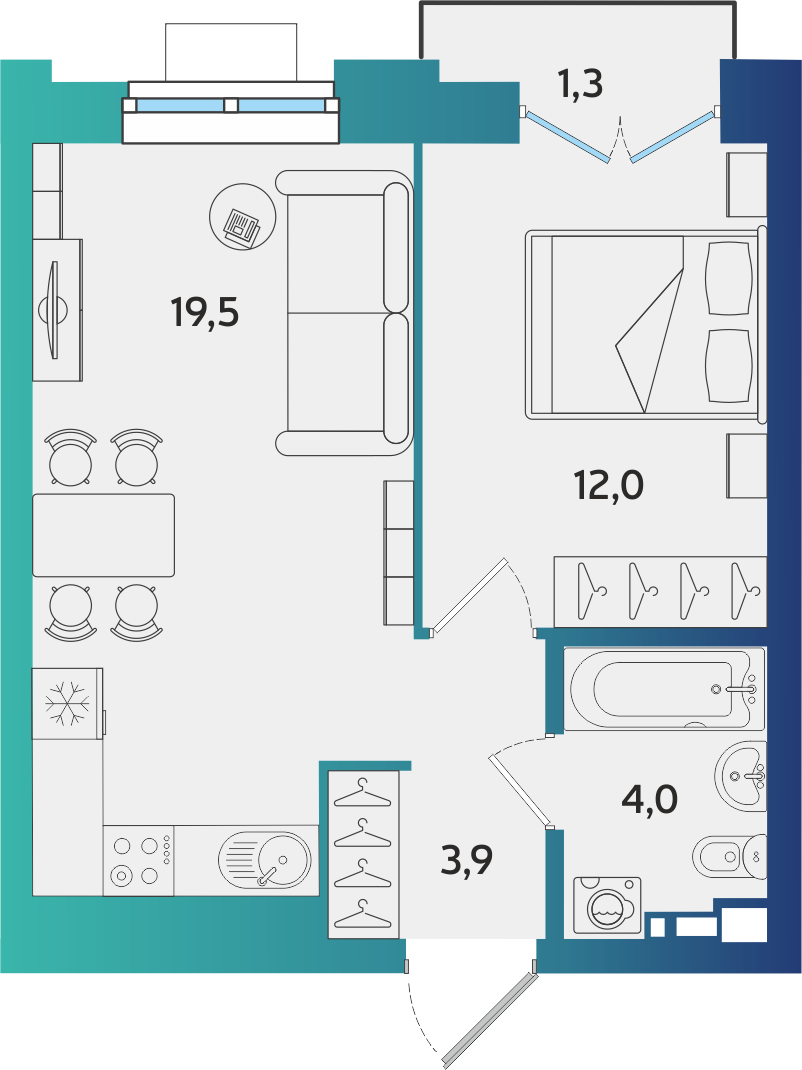 1-комнатная 39 м2 в ЖК Экополис корпус null этаж 9