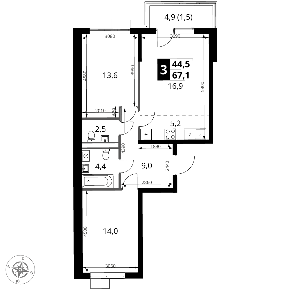 3-комнатная 67 м2 в ЖК 1-й Ясеневский корпус null этаж 4