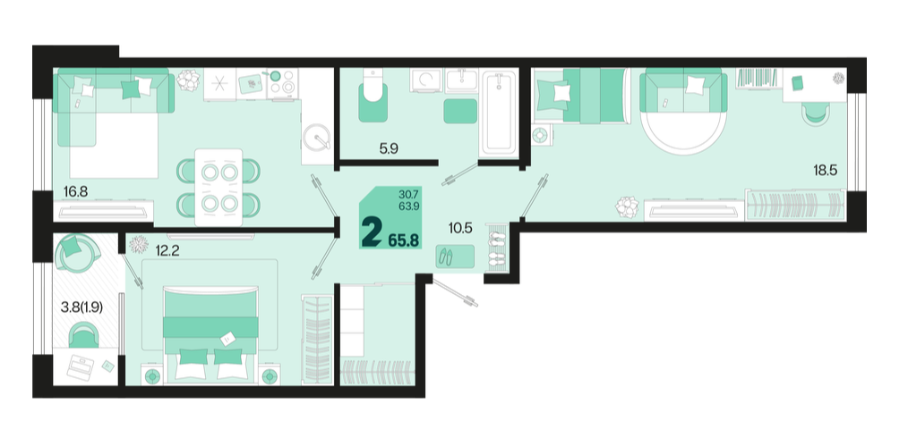 2-комнатная 65.8 м2 в ЖК undefined корпус null этаж 4