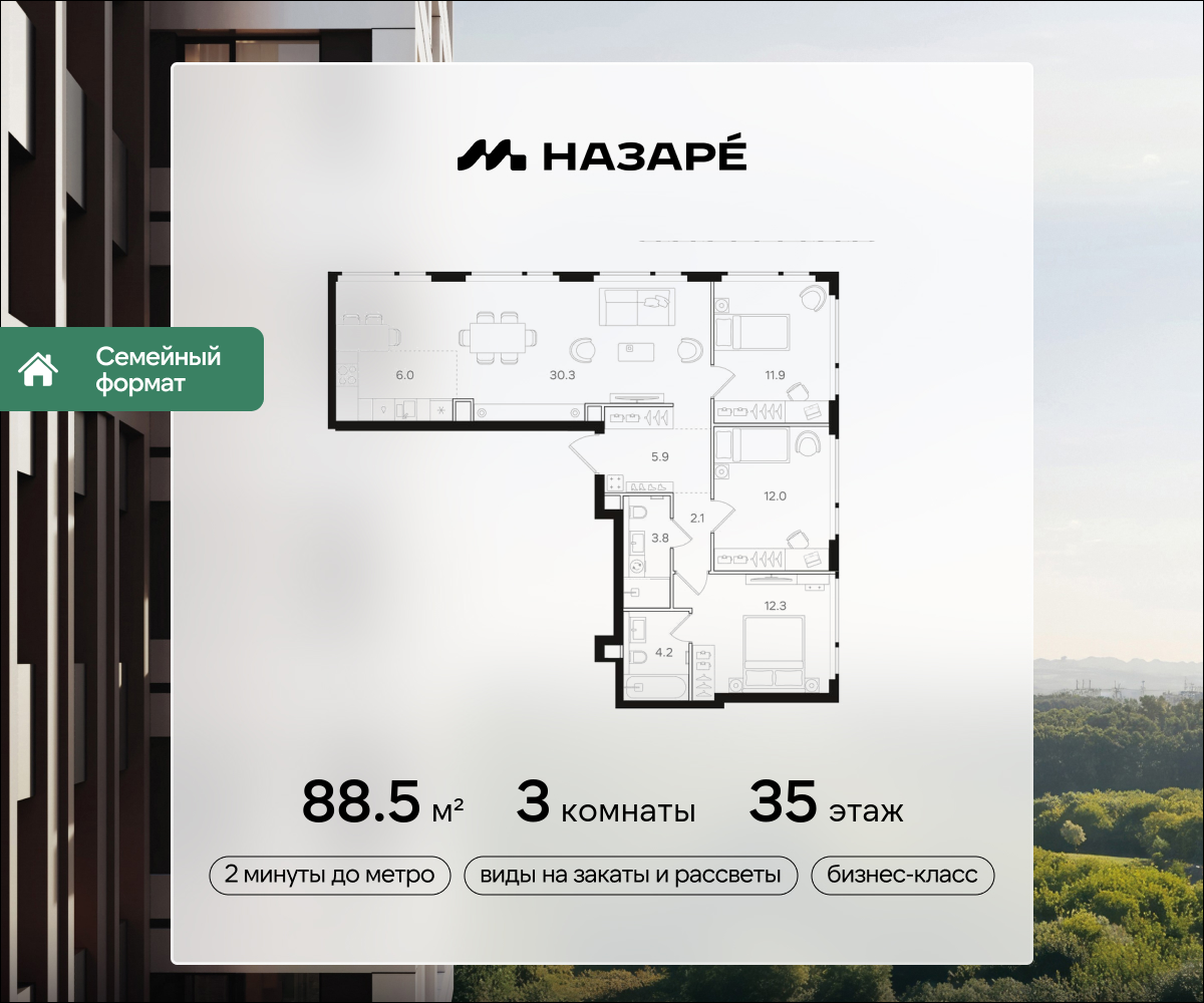 3-комнатная 88 м2 в ЖК НАЗАРÉ корпус null этаж 35