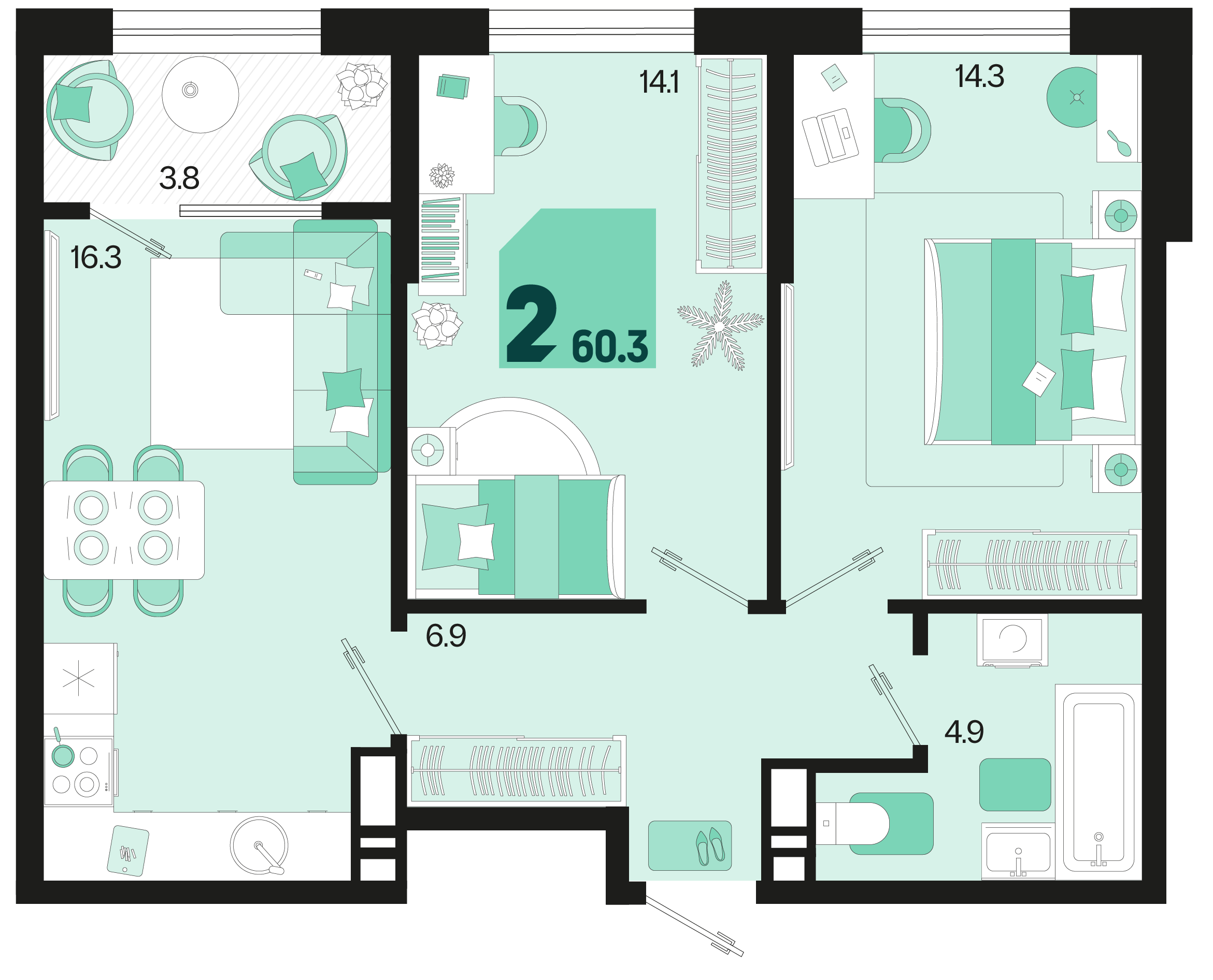 2-комнатная 60 м2 в ЖК Первое место корпус null этаж 15
