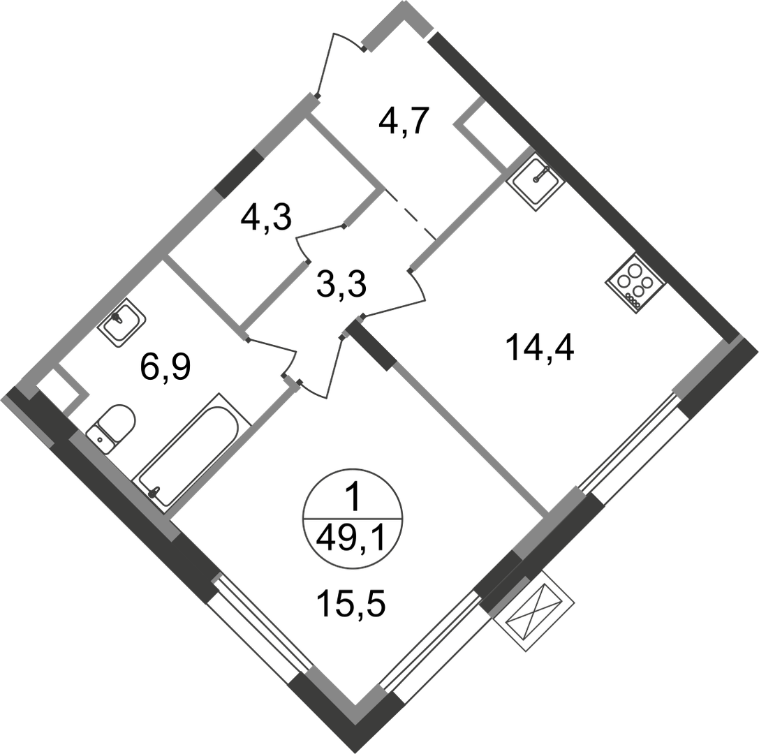 1-комнатная 49 м2 в ЖК Резиденции Сколково корпус null этаж 2