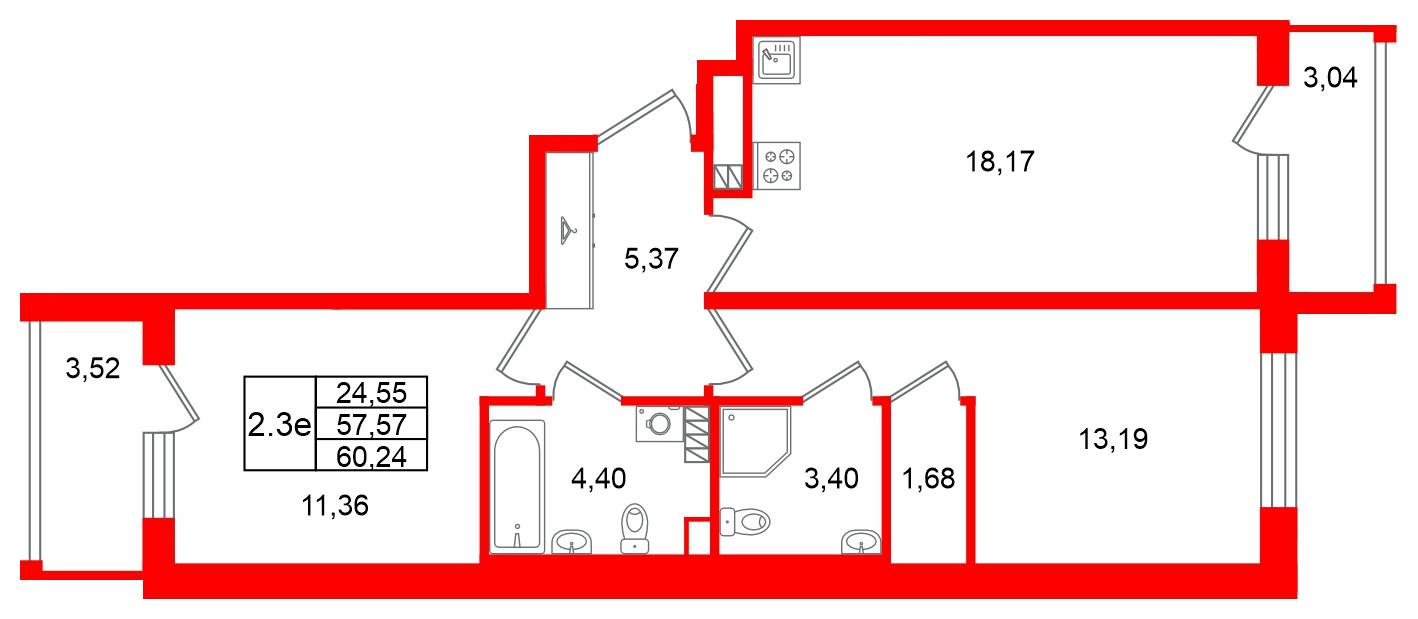 2-комнатная 57 м2 в ЖК Univer City корпус null этаж 3