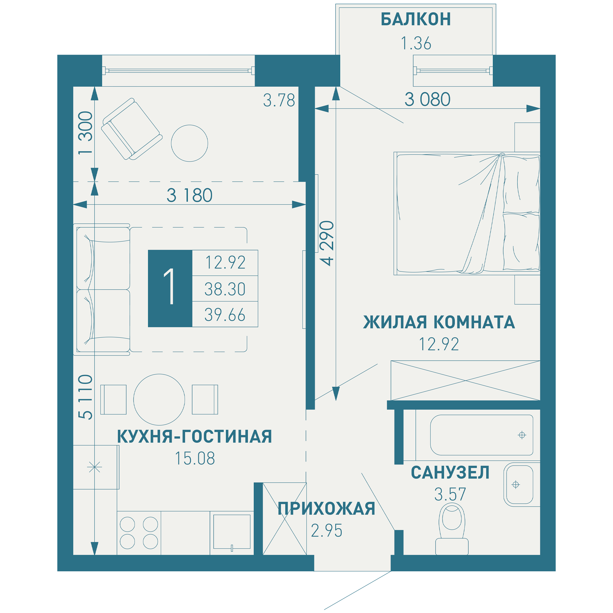 1-комнатная 40 м2 в ЖК ИНАЧЕ в Молодежном корпус null этаж 2