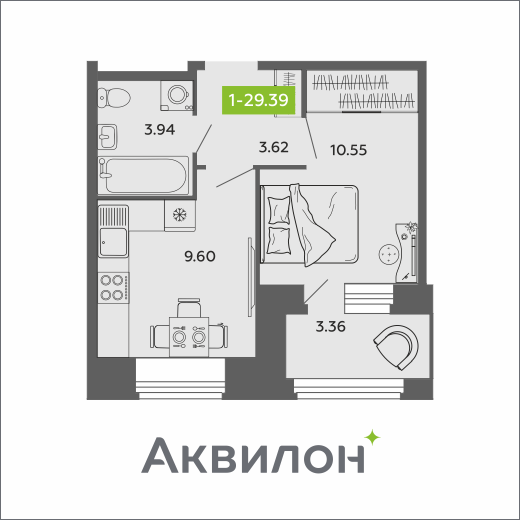 1-комнатная 29 м2 в ЖК Аквилон ROSA корпус null этаж 3