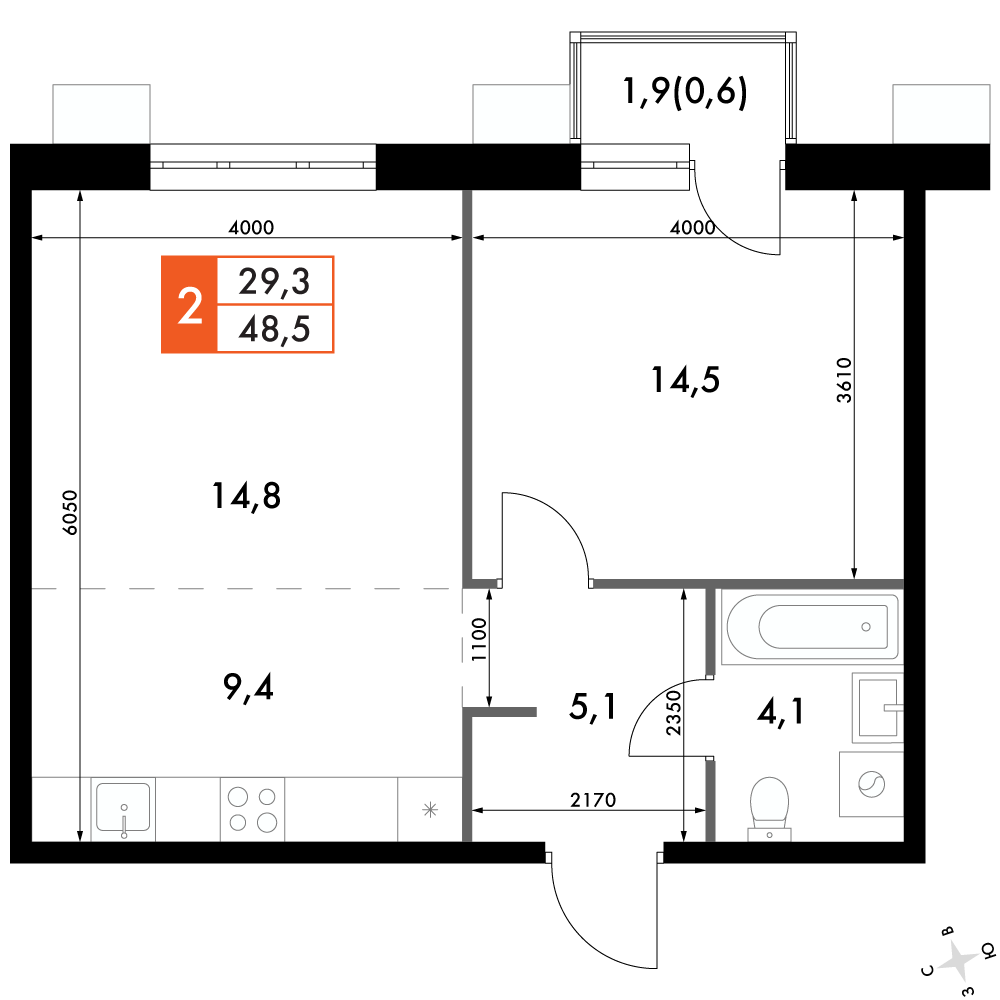 2-комнатная 47 м2 в ЖК Флагман корпус null этаж 21