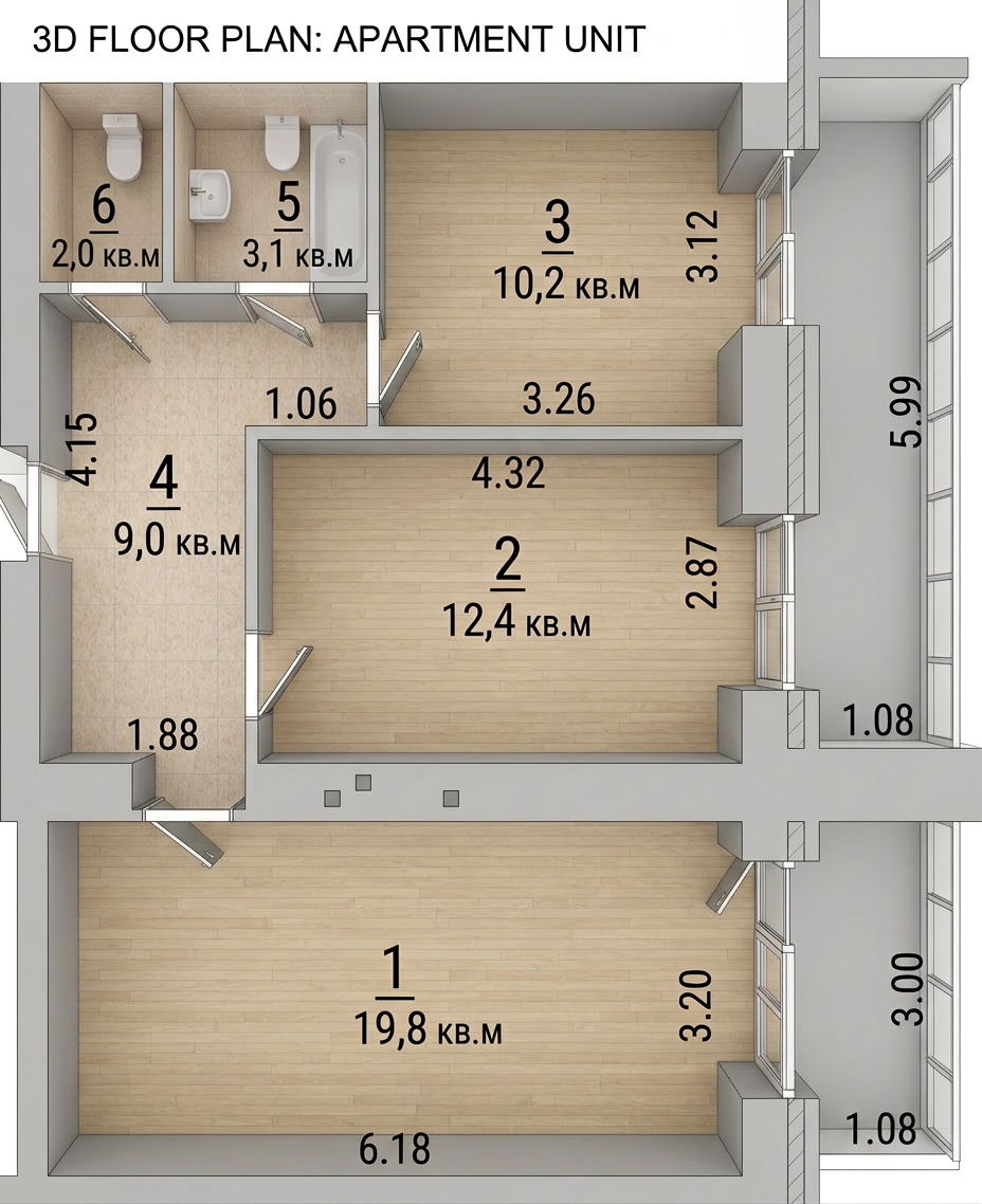 2-комнатная 56.5 м2 в ЖК undefined корпус null этаж 12