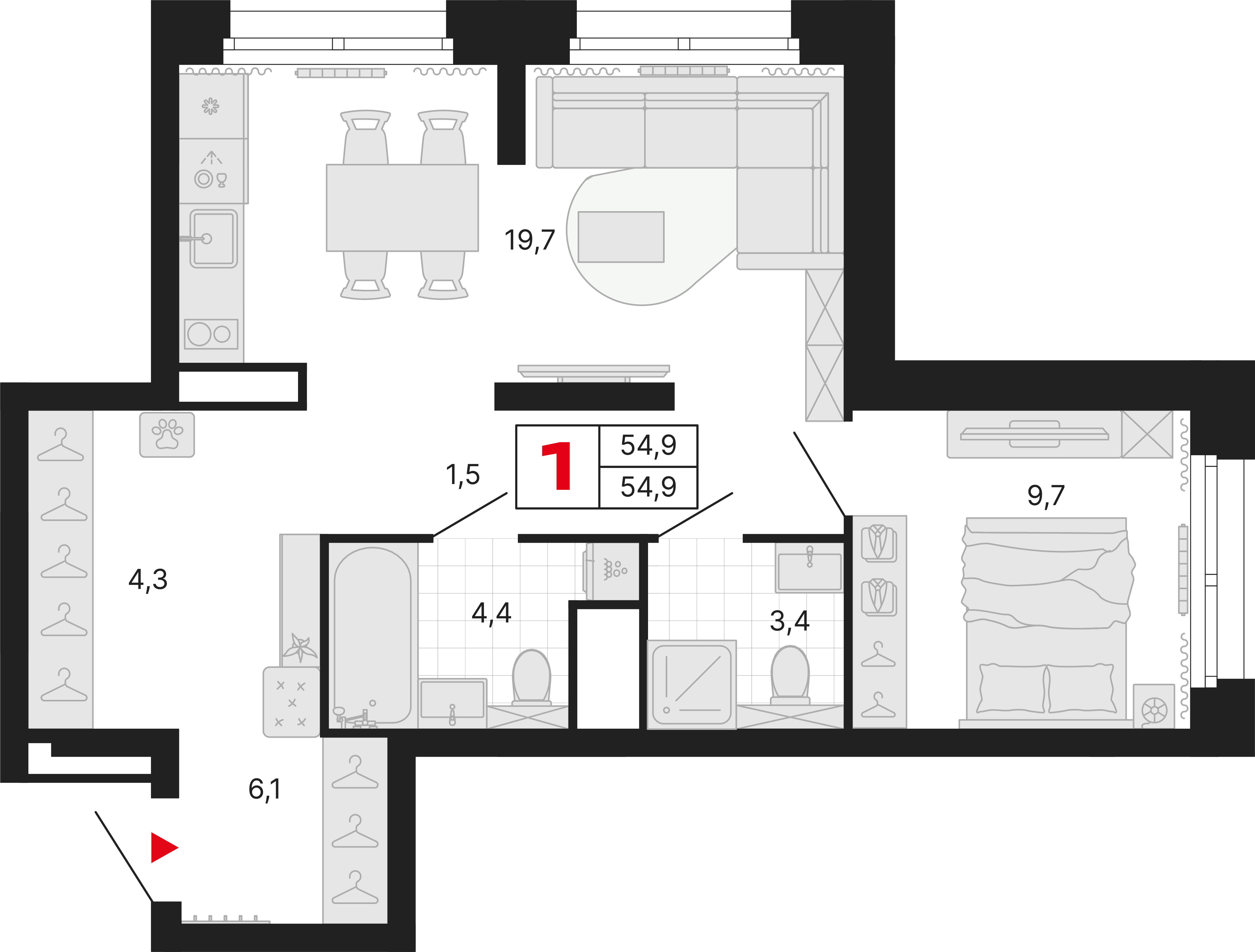 1-комнатная 54 м2 в ЖК Бестселлер корпус null этаж 16