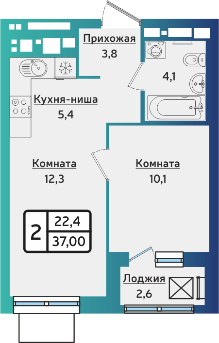 2-комнатная 37 м2 в ЖК ARTNOVA корпус null этаж 11