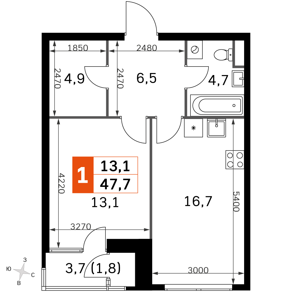 2-комнатная 45 м2 в ЖК Скай Гарден корпус null этаж 26