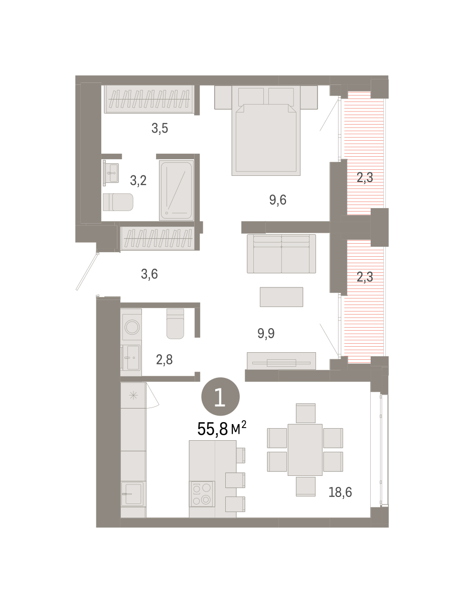 1-комнатная 55 м2 в ЖК Республики 205 корпус null этаж 15