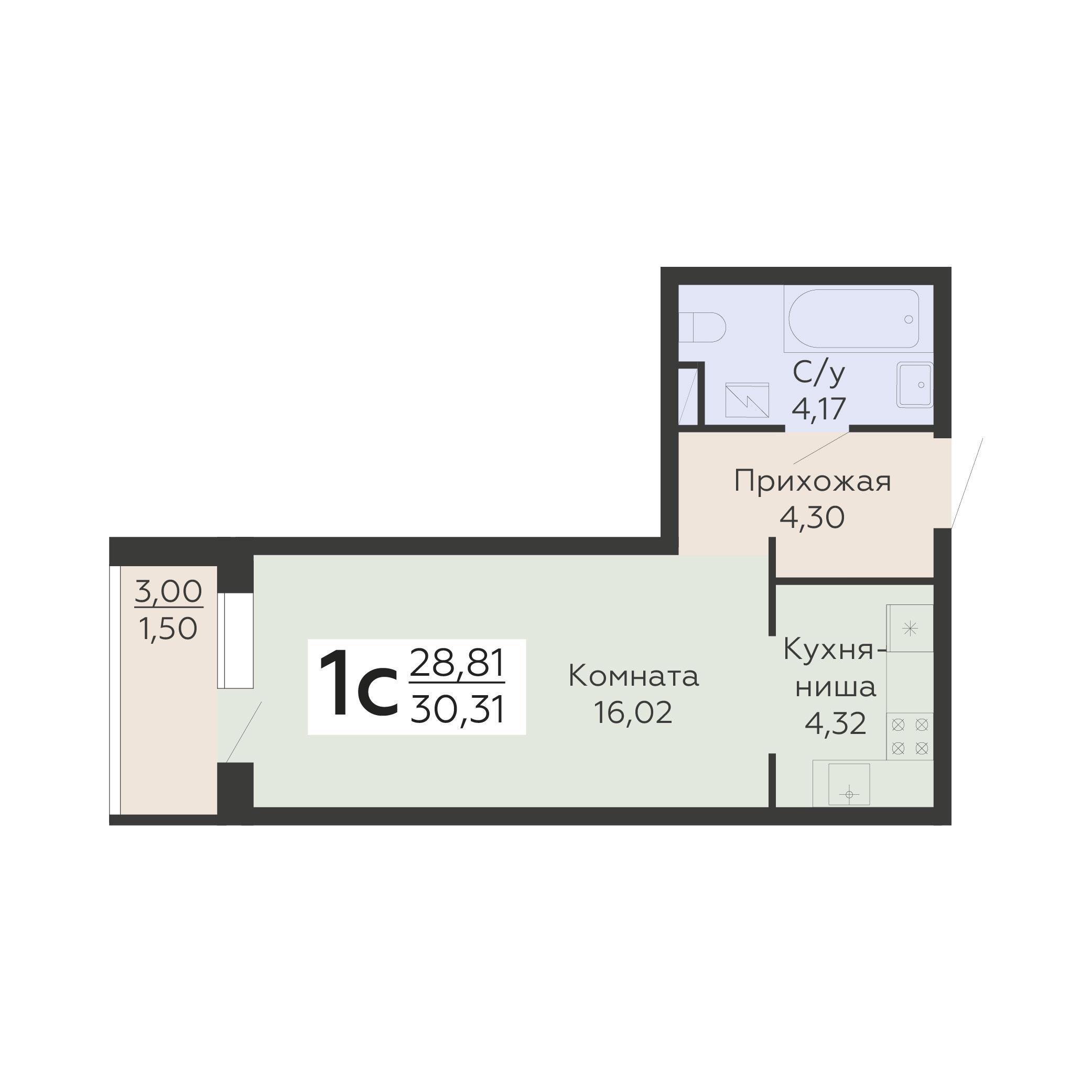 1-комнатная 30 м2 в ЖК Никитинские сады корпус null этаж 16