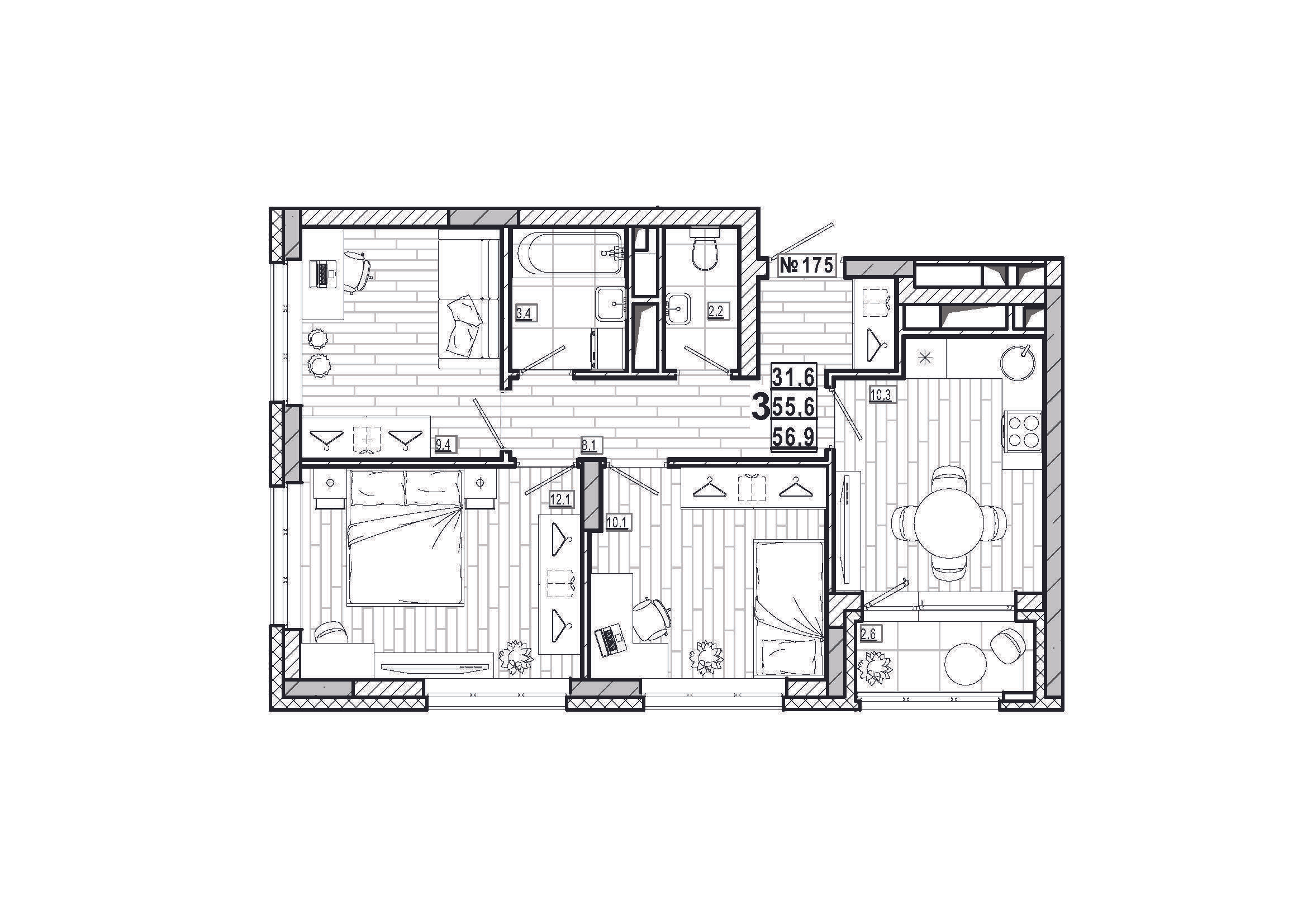 3-комнатная 56 м2 в ЖК Дом на Маяковского корпус null этаж 4