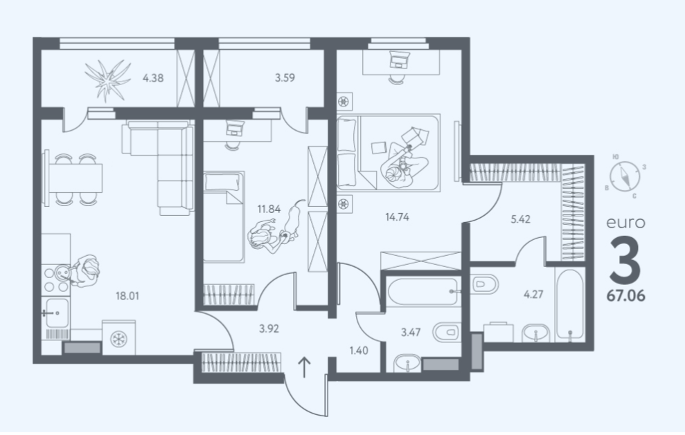 3-комнатная 67.1 м2 в ЖК undefined корпус null этаж 16