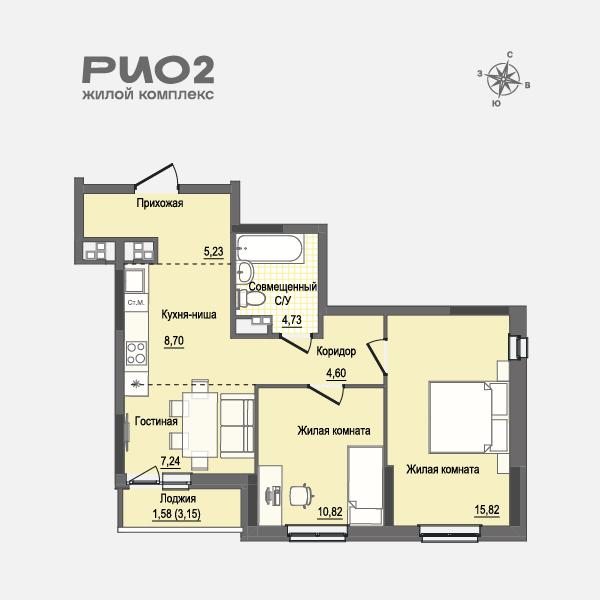 2-комнатная 58 м2 в ЖК Рио корпус null этаж 11
