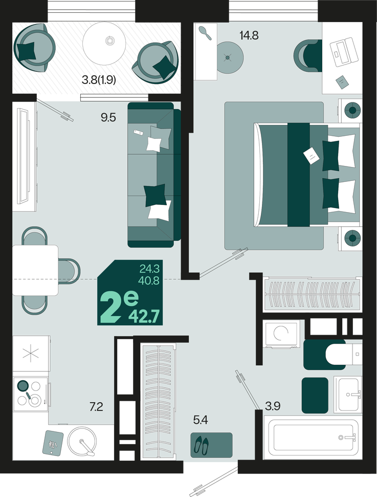 1-комнатная 42.7 м2 в ЖК undefined корпус null этаж 18
