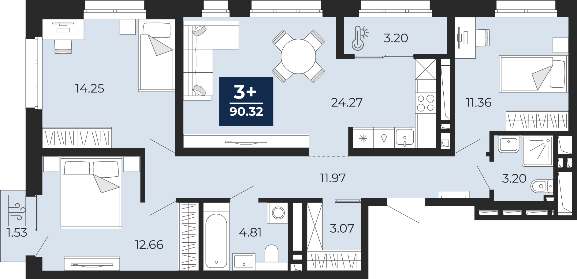 3-комнатная 88 м2 в ЖК Беринг корпус null этаж 5