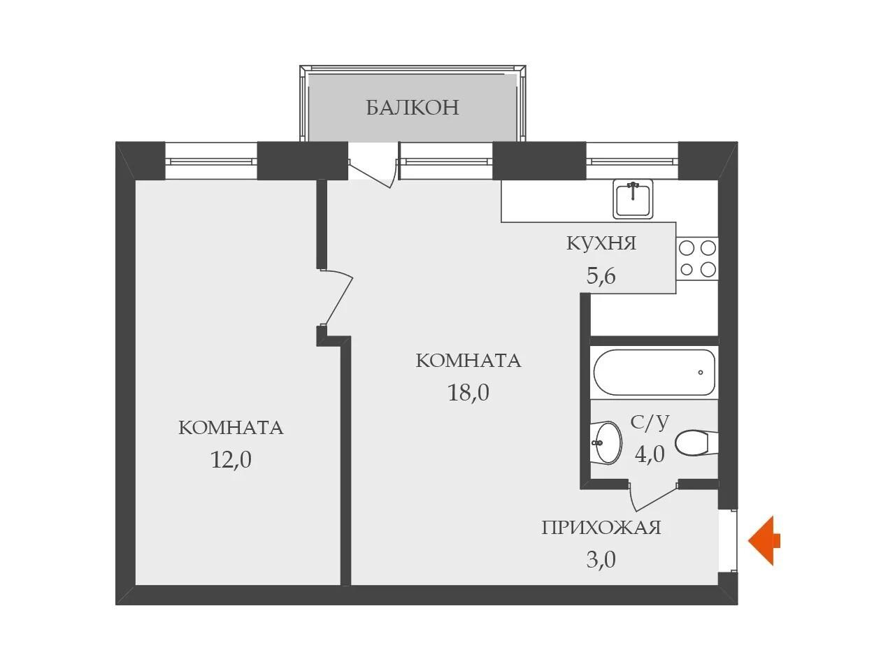 2-комнатная 43 м2 в ЖК undefined корпус null этаж 2