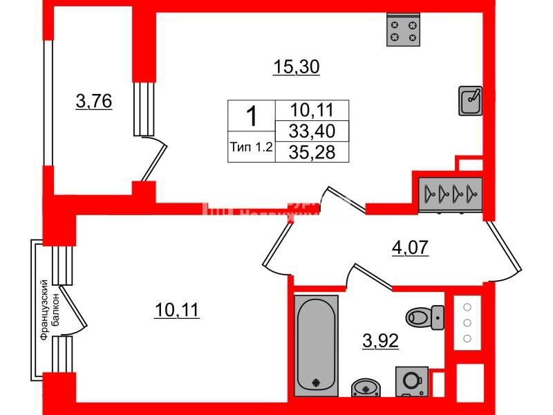 1-комнатная 33 м2 в ЖК Setl Ривьера корпус null этаж 9