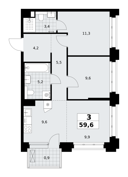 3-комнатная 59 м2 в ЖК Хольм корпус null этаж 9